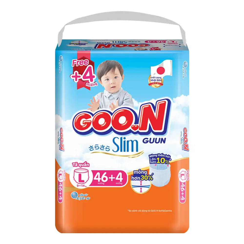 Tã Quần Cho Bé, Slim Guun Pant Diapers, L, 9 - 14kg, 46 + 4 Miếng - GOO.N